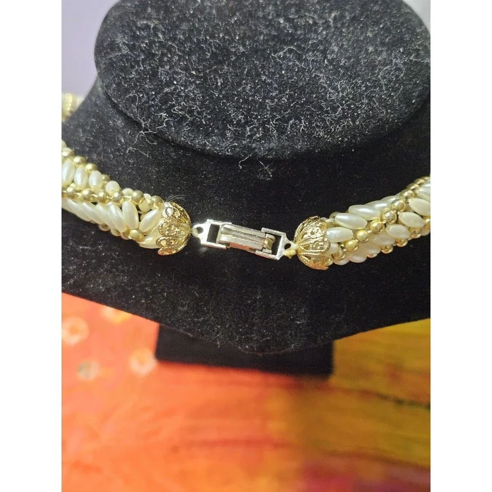 Cream Rice Pearl Beaded Multi-Strand Necklace, Ball/Bead Chain, Box Clasp